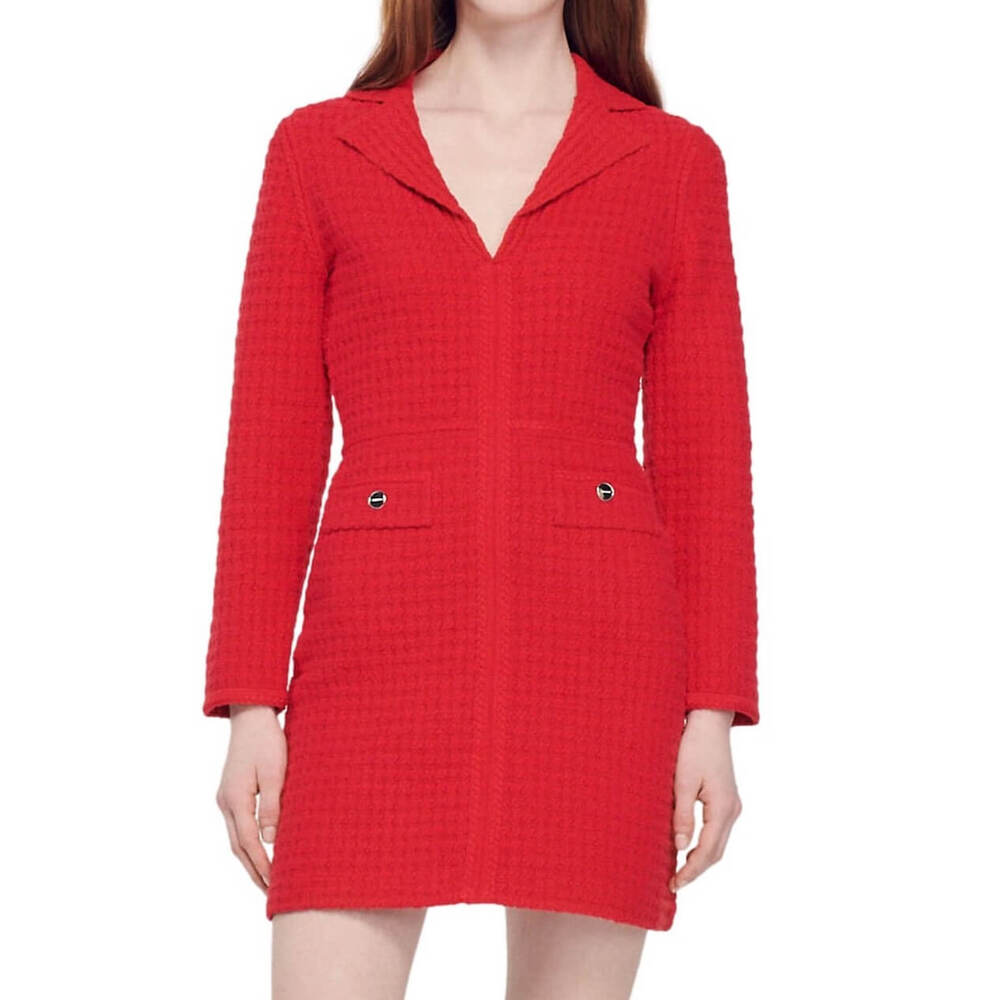 Sandro Yvonne Dress Red Boucle Wool Blend Collared Long Sleeve FR 42 US 10 XL